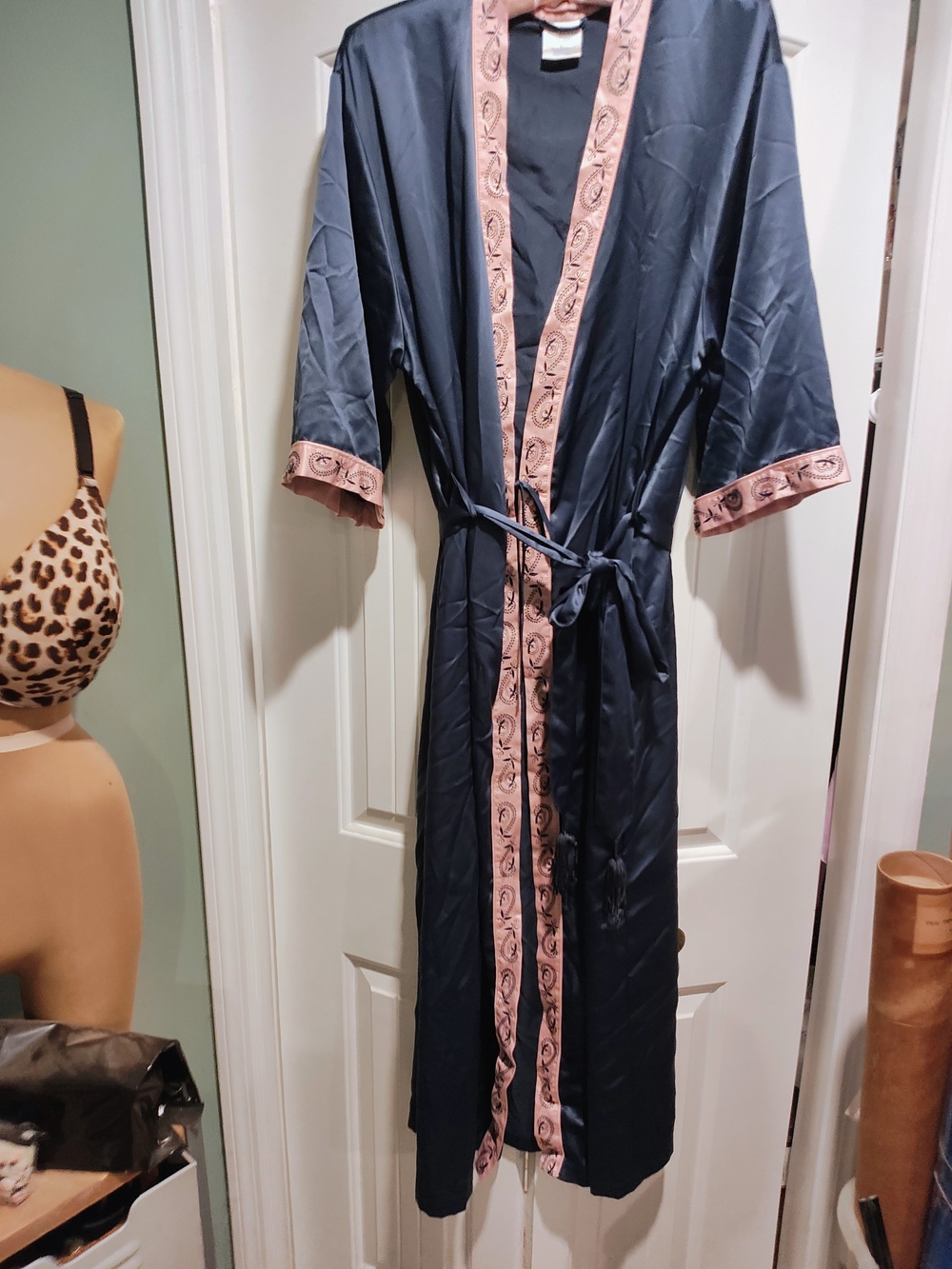 Cabernet Navy Satin Robe with Blush Trim